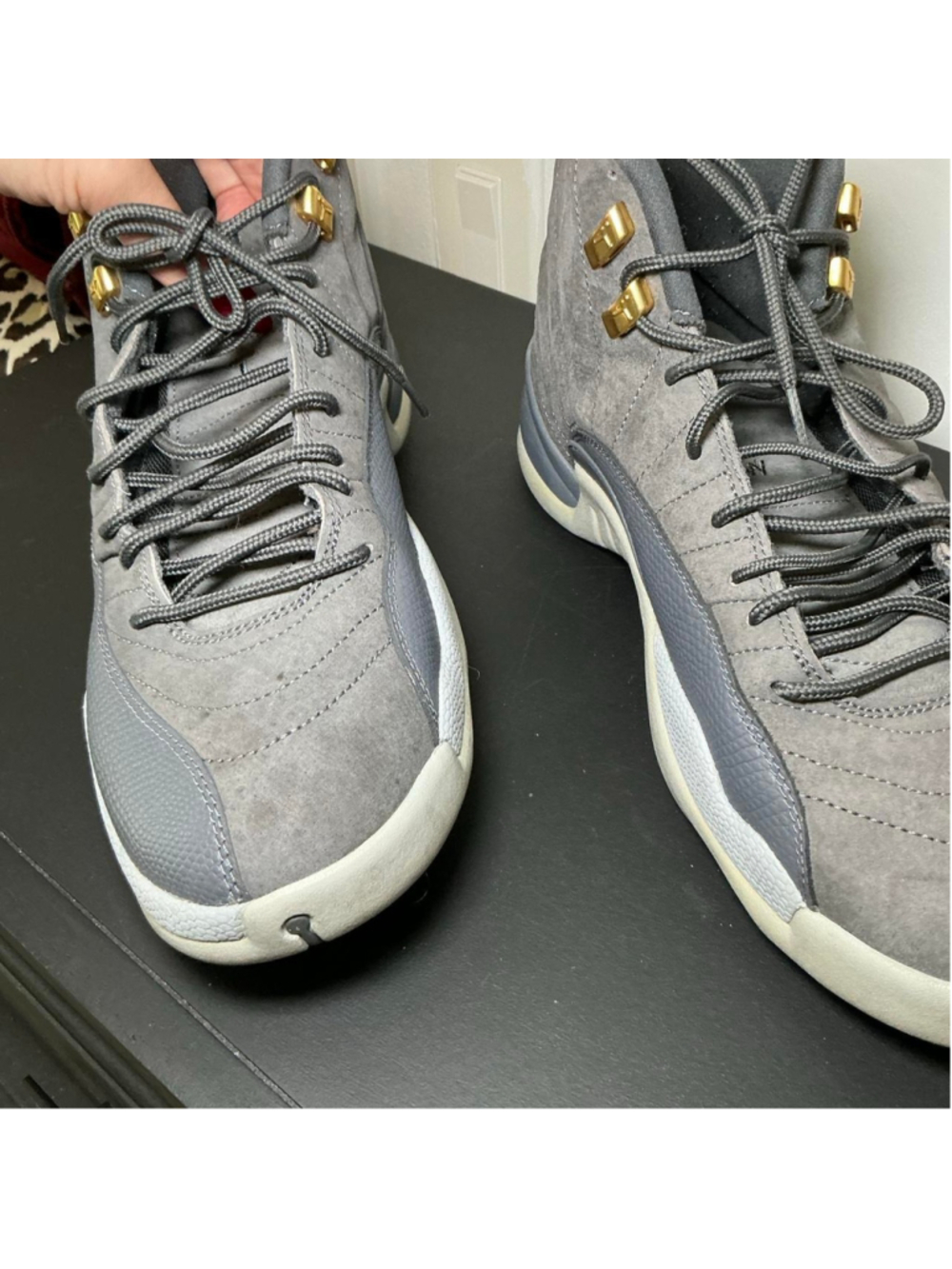 Nike Air Jordan 12 Cool Grey Suede Gold Eyelets Sneakers Men's Size 12 - Picture 4 of 8